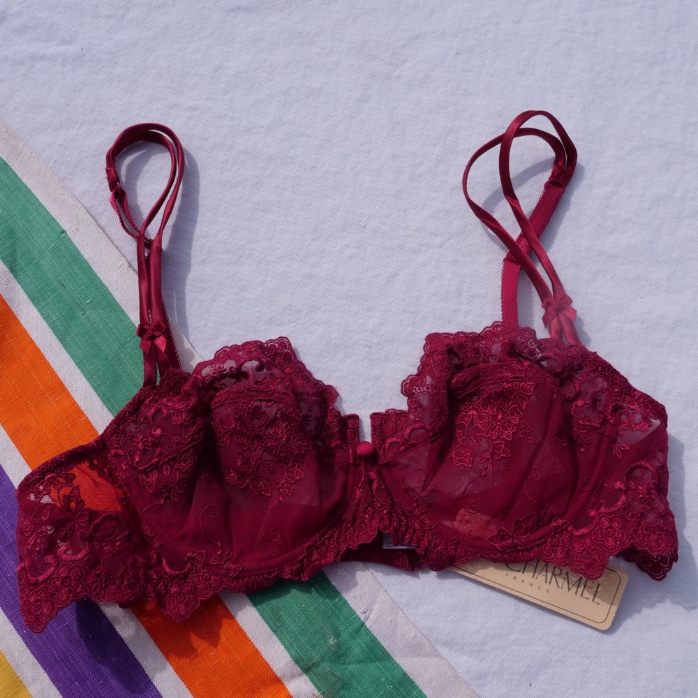 Deadstock 90s Lise Charmel deep magenta lace Demi cup bra